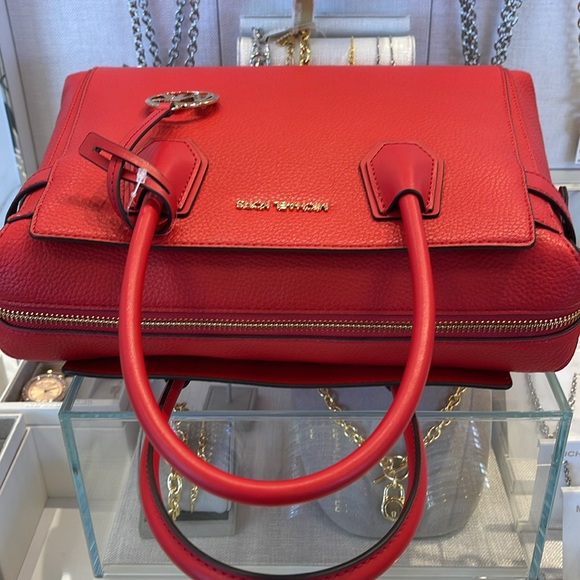 Michael Kors Mercer Medium Top-Zip Belted Satchel Crossbody Purse 
BRIGHT RED
NW - Picture 10 of 16